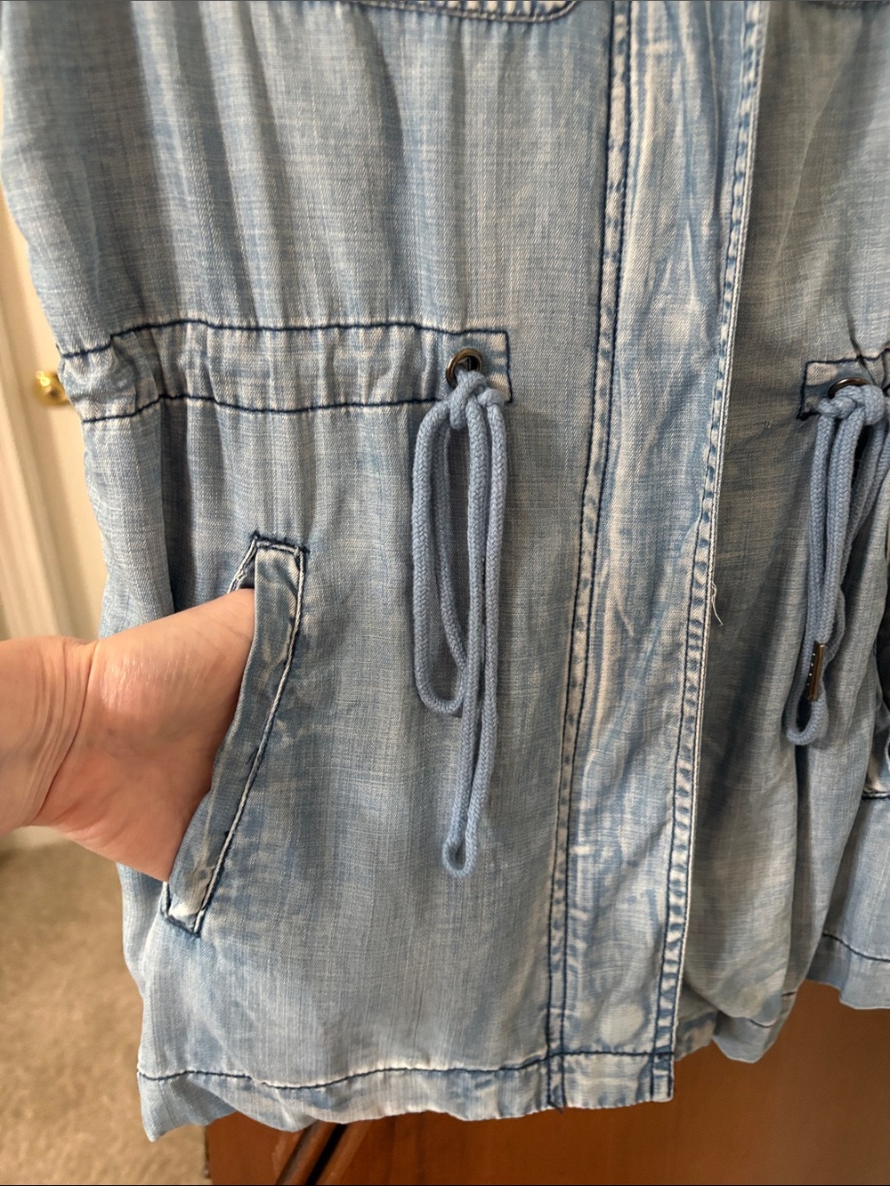 Skies Are Blue Light Wash Denim Sleeveless Cargo Utility Vest Distressing - Picture 5 of 15